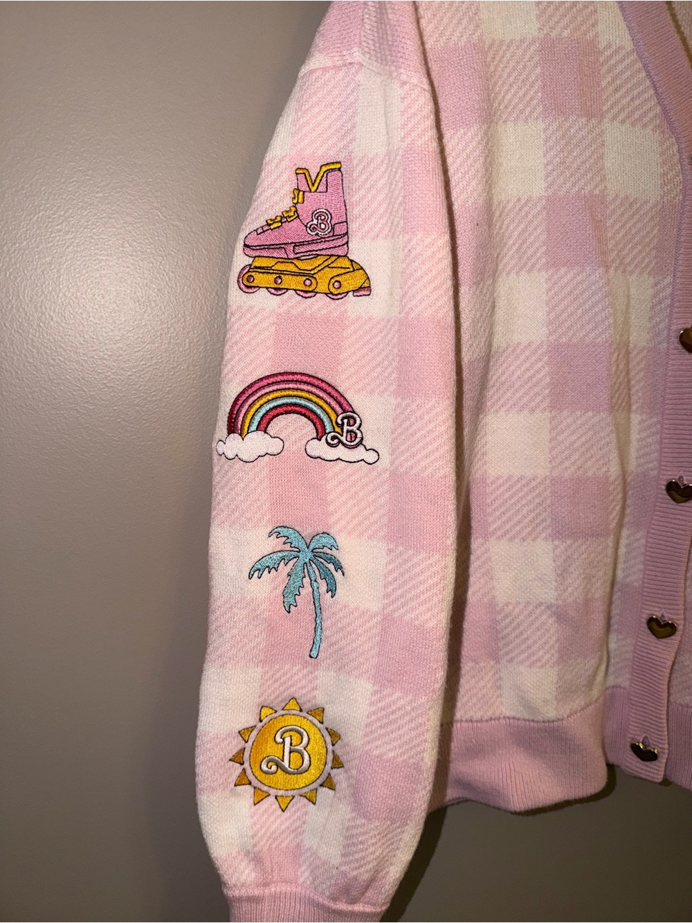 Barbie The Movie Hot Topic Pink Gingham Plaid Knit Sweater Cardigan XL - Picture 3 of 8